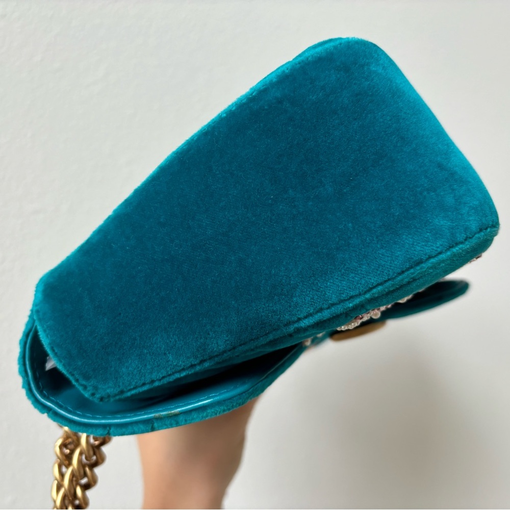 Gucci Velvet Matelasse Embroidered Small GG Marmont Shoulder Bag Pavone Cyan - Picture 8 of 15